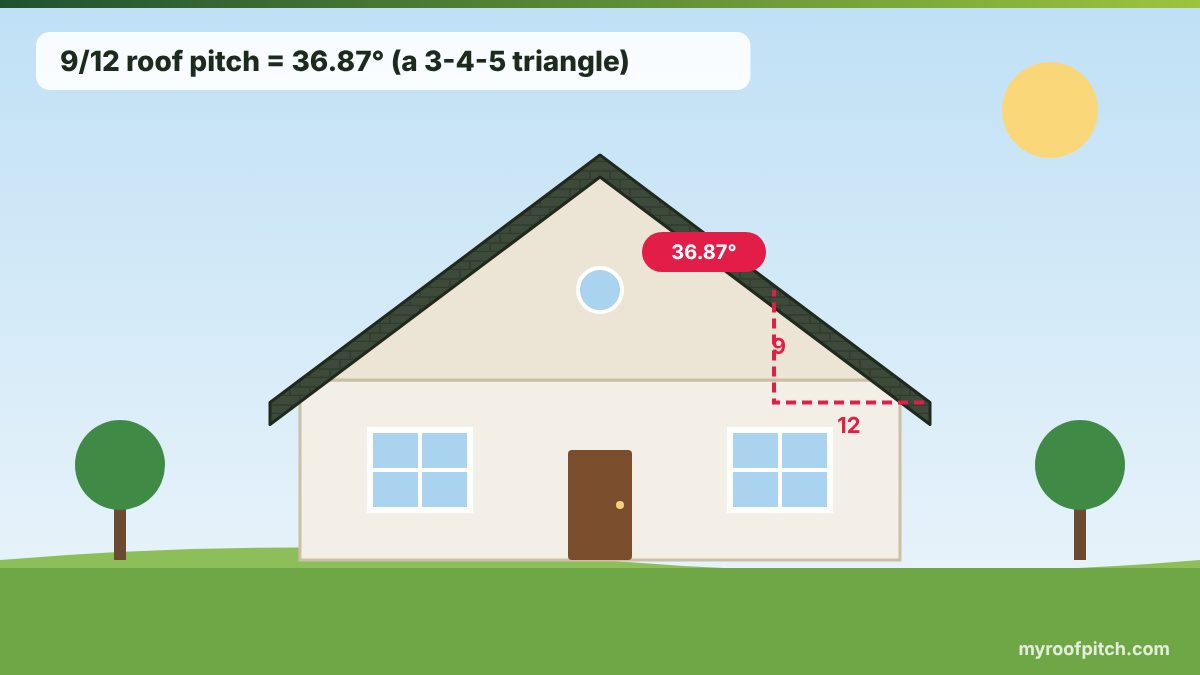 9/12 roof pitch = 36.87° (a 3-4-5 triangle)